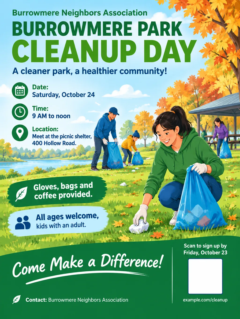 Park cleanup day flyer with volunteers under autumn trees and an empty square labeled Scan to sign up