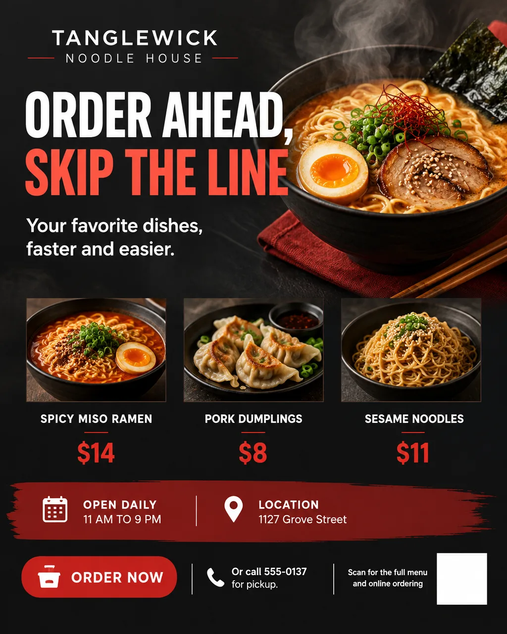 Noodle shop takeout flyer with a photo of a ramen bowl, three prices and an empty square for a menu QR code