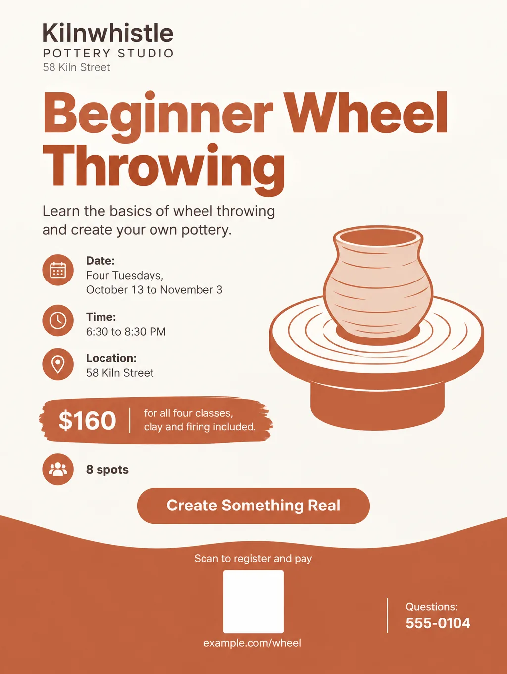 Pottery class flyer in white and terracotta with a pot on a wheel and an empty square labeled Scan to register