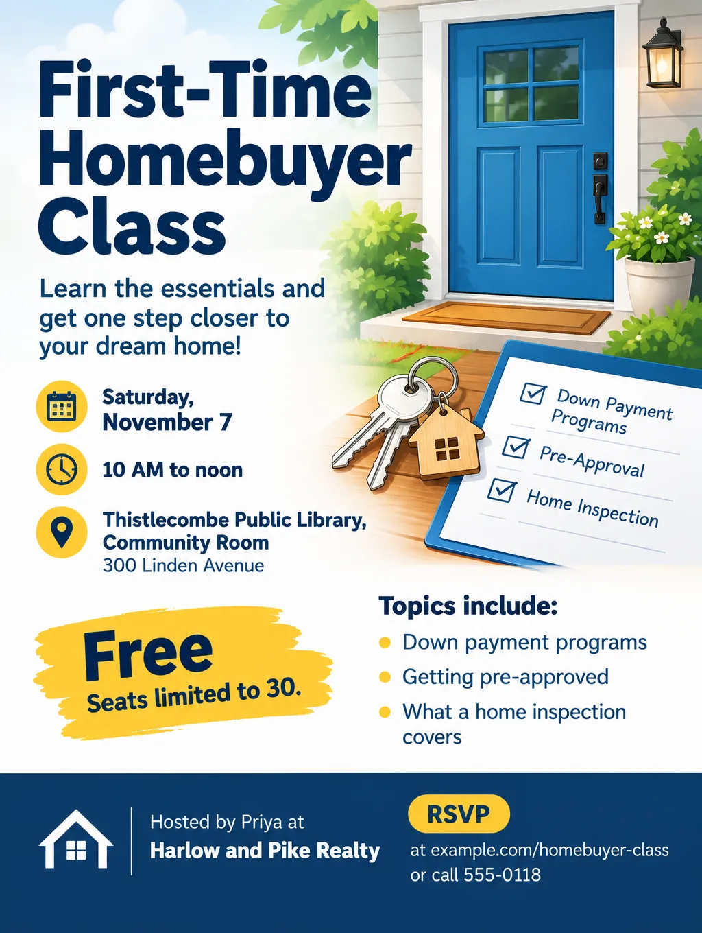 First-Time Homebuyer Class flyer, Saturday, November 7, 10 AM to noon, Thistlecombe Public Library, with a door and keys