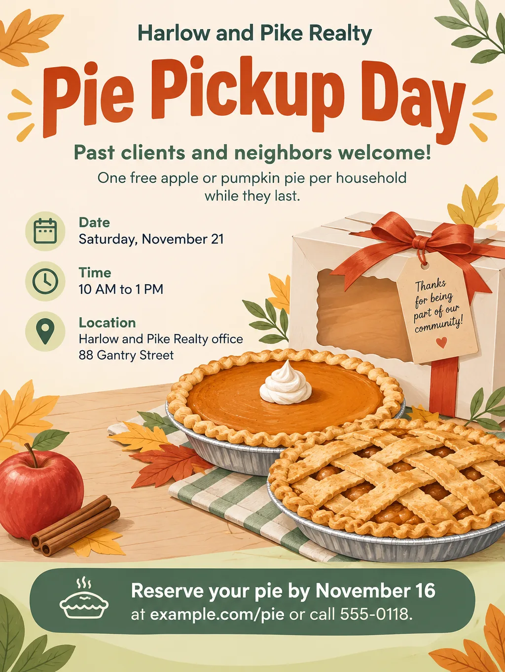 Pie Pickup Day flyer for Saturday, November 21, 10 AM to 1 PM, at 88 Gantry Street, with illustrated apple and pumpkin pies