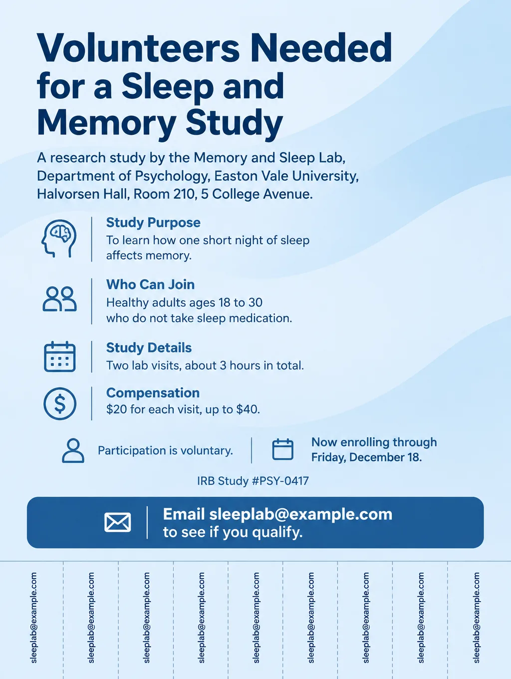 Research study recruitment flyer on light blue, Volunteers Needed for a Sleep and Memory Study, $20 per visit, tear-off email tabs