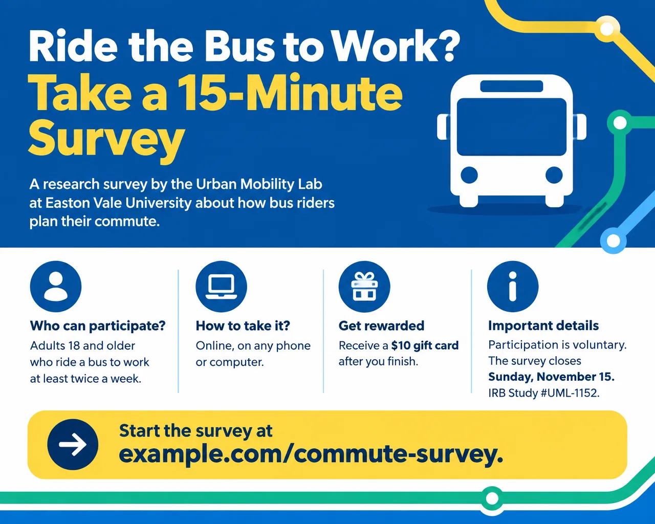 Wide survey flyer with route lines and a bus icon, 15-minute survey for bus commuters, $10 gift card, closes Sunday, November 15