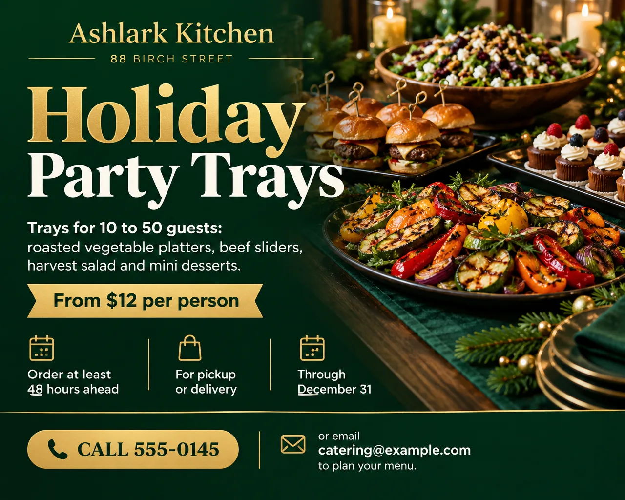 Holiday catering flyer with party trays of sliders and roasted vegetables on a buffet table, trays for 10 to 50 guests