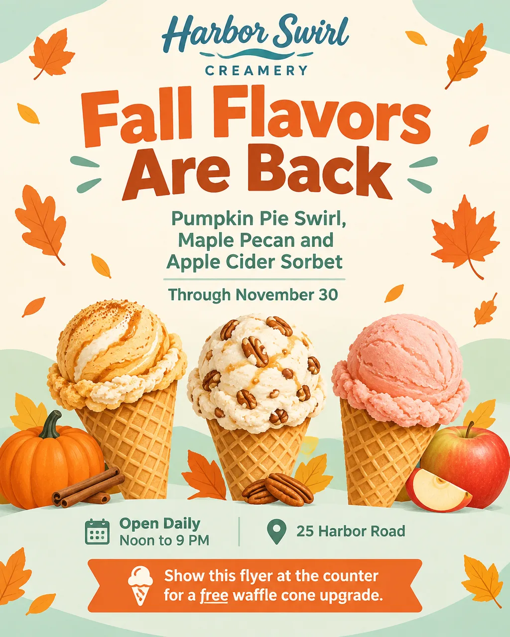 Ice cream shop flyer with illustrated waffle cones and falling leaves, Fall Flavors Are Back, through November 30