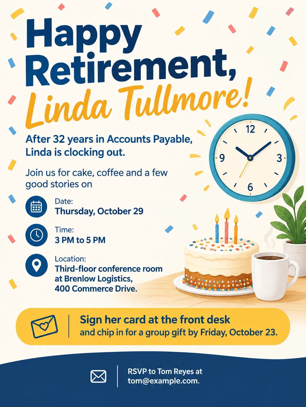 Office retirement flyer reading Happy Retirement, Linda Tullmore, with confetti, a clock and the date Thursday, October 29
