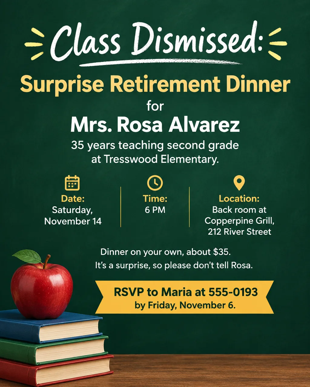 Chalkboard green surprise retirement dinner flyer for Mrs. Rosa Alvarez with a red apple on a stack of books