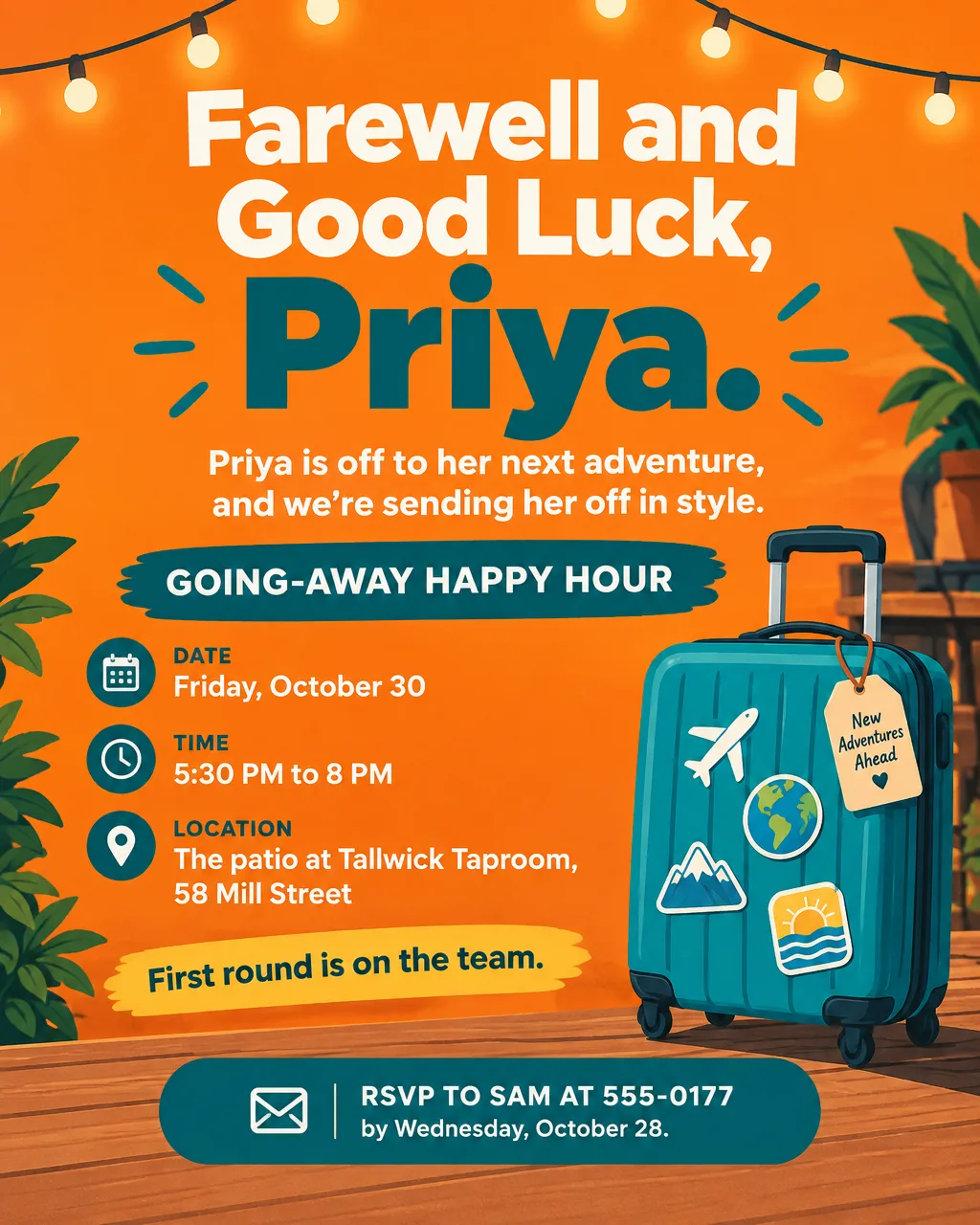 Bright going-away party flyer reading Farewell and Good Luck, Priya, with a patio happy hour on Friday, October 30