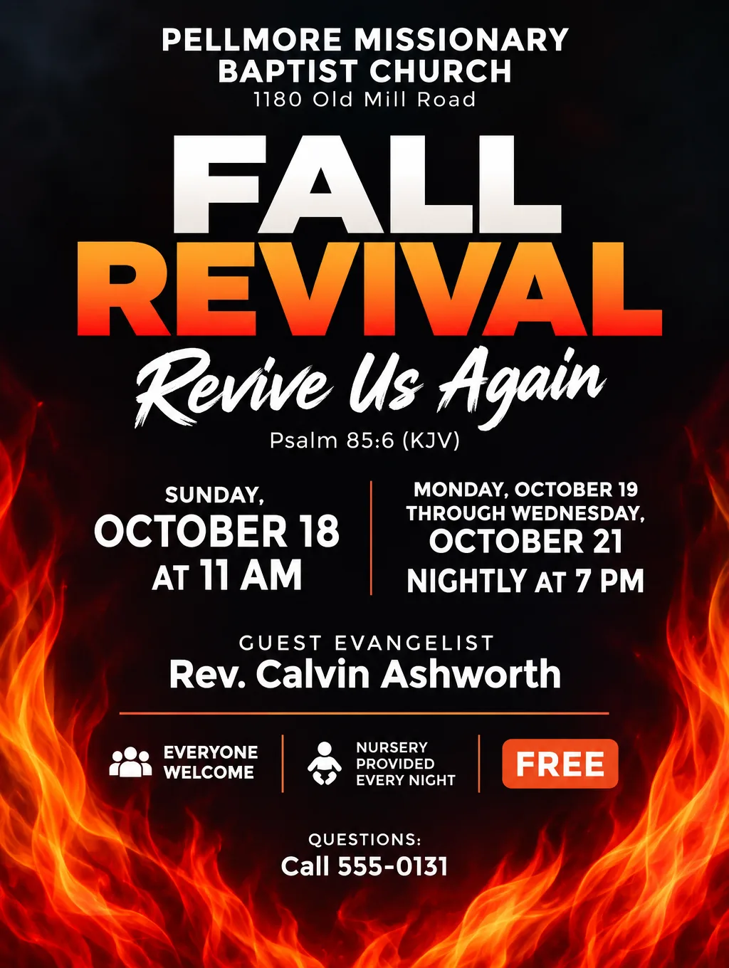 Fall revival flyer with red and orange flames on a dark background, nightly 7 PM services and the guest evangelist's name
