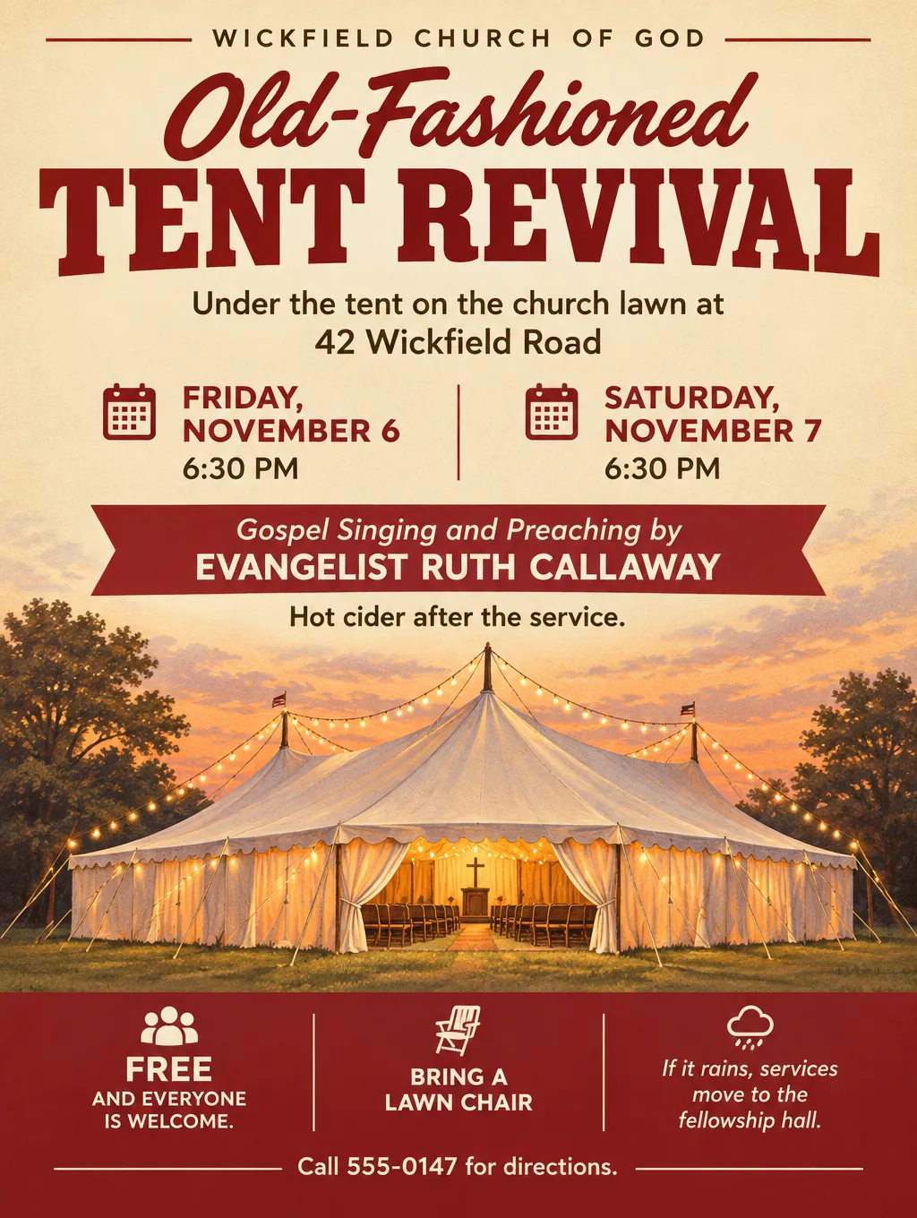 Vintage tent revival flyer with a white canvas tent under string lights at dusk, November 6 and 7 at 6:30 PM