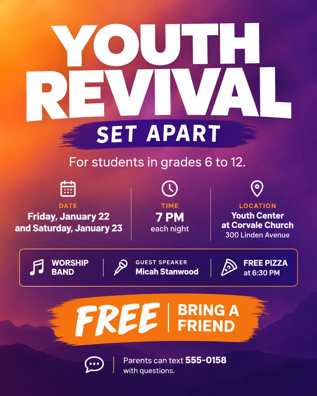 Youth revival flyer titled Set Apart on an orange and purple color blend, for grades 6 to 12, January 22 and 23