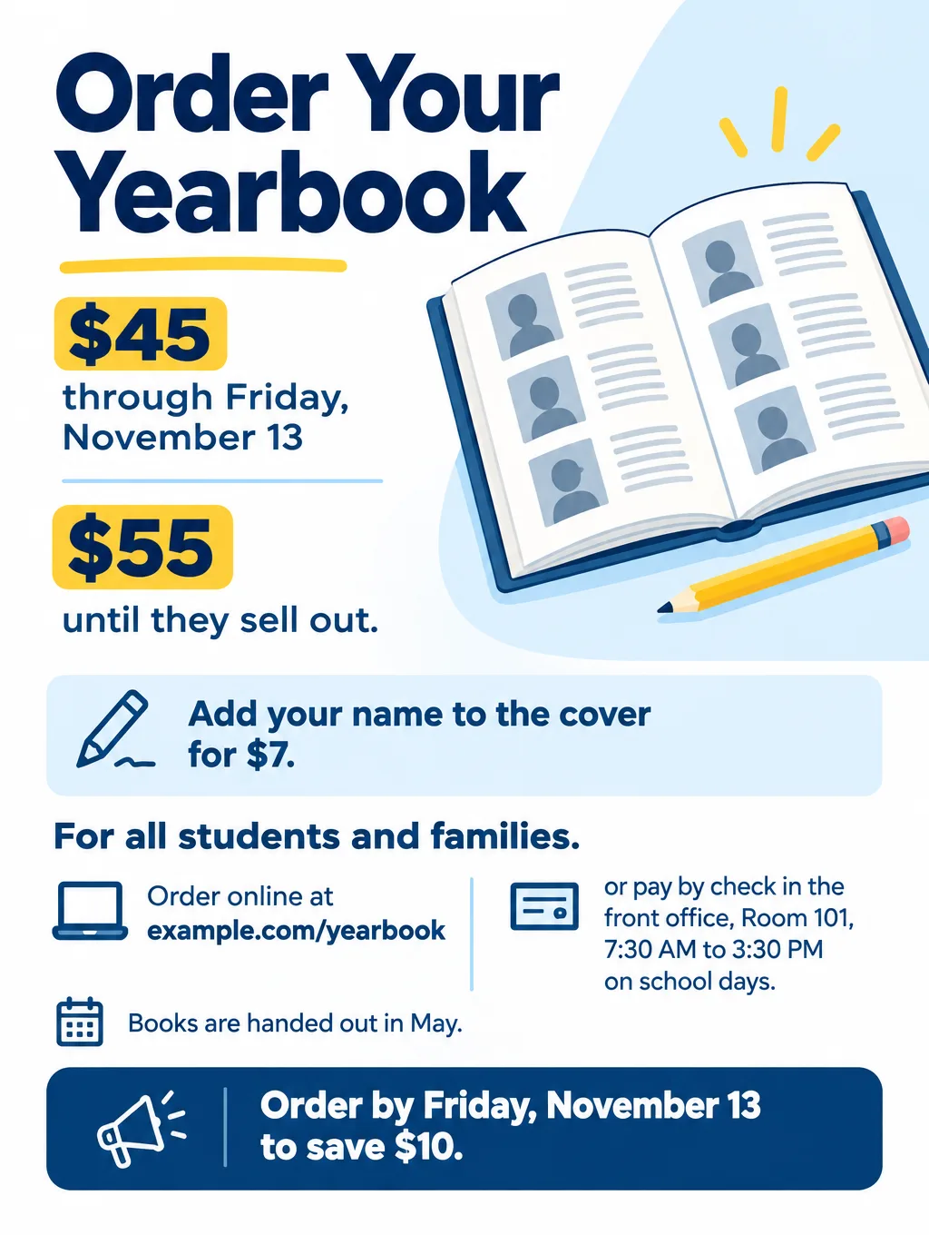 Yearbook sale flyer with a drawing of an open yearbook, $45 through Friday, November 13, order at example.com/yearbook