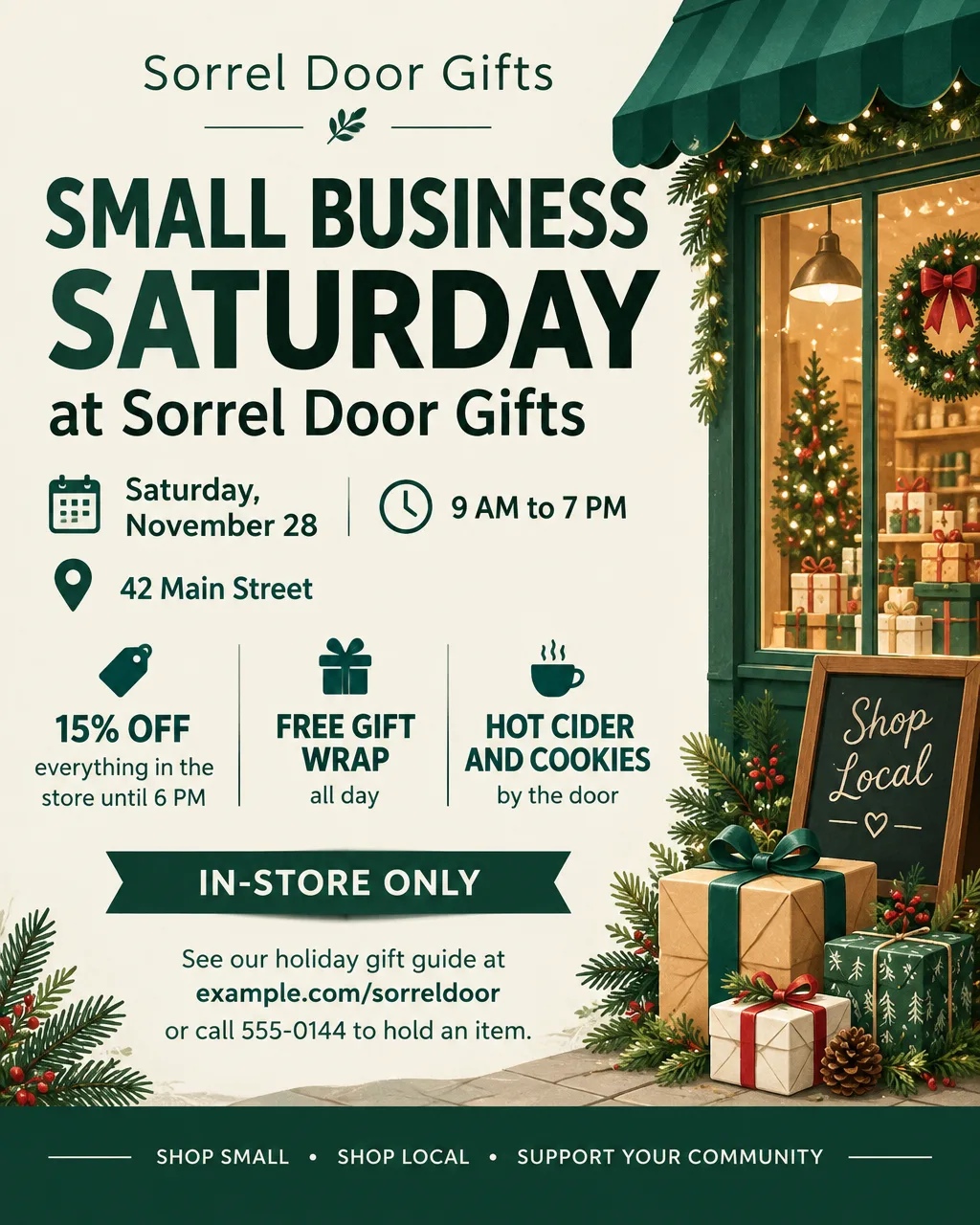 Deep green and cream Small Business Saturday flyer for a gift shop with 15% off, free gift wrap and the date November 28