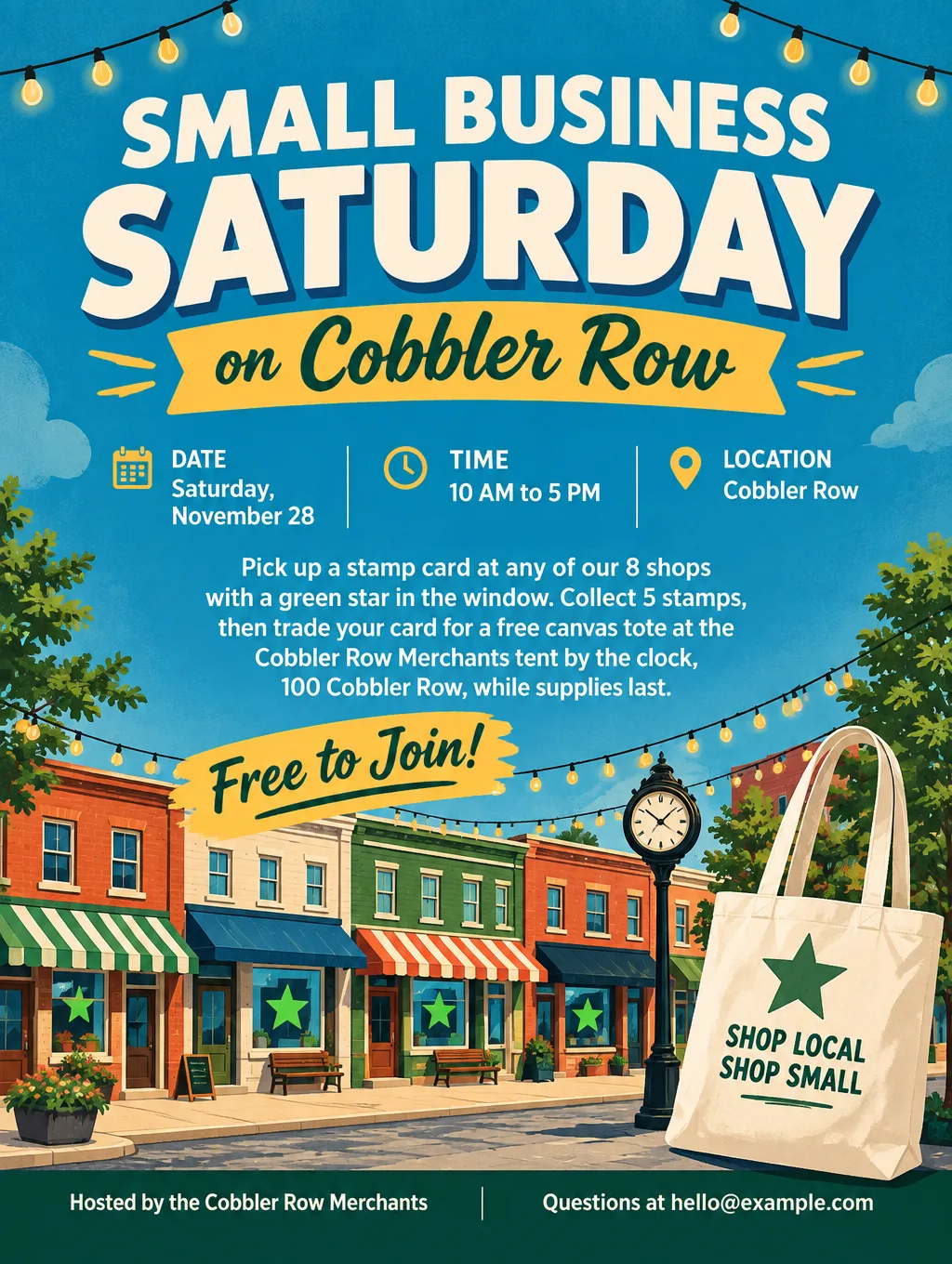 Retro main street flyer for a Small Business Saturday stamp card, with illustrated storefronts, a tote bag prize and November 28