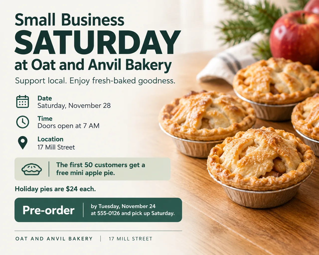 Wide bakery flyer with a photo of mini apple pies, offering the first 50 customers a free pie on Small Business Saturday
