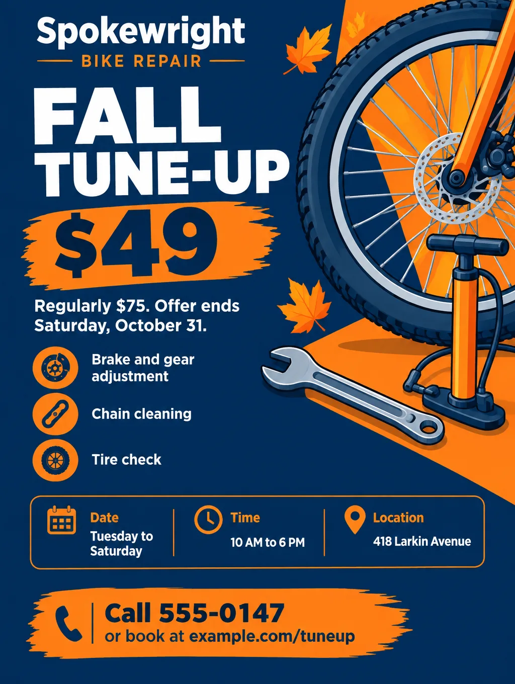 Bike shop flyer reading Fall Tune-Up $49, regularly $75, with an illustrated bicycle wheel and tools