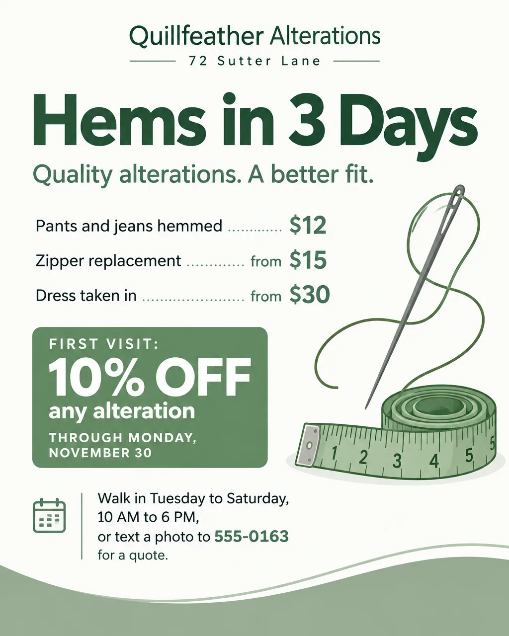Alterations shop price flyer listing hems for $12 and zippers from $15, with a needle, thread and measuring tape