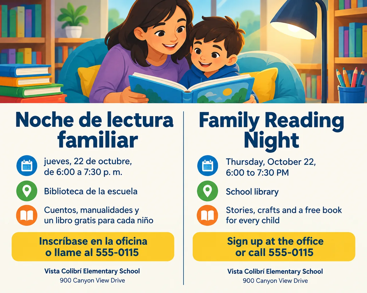 Bilingual school flyer in two columns, Noche de lectura familiar on the left and Family Reading Night on the right