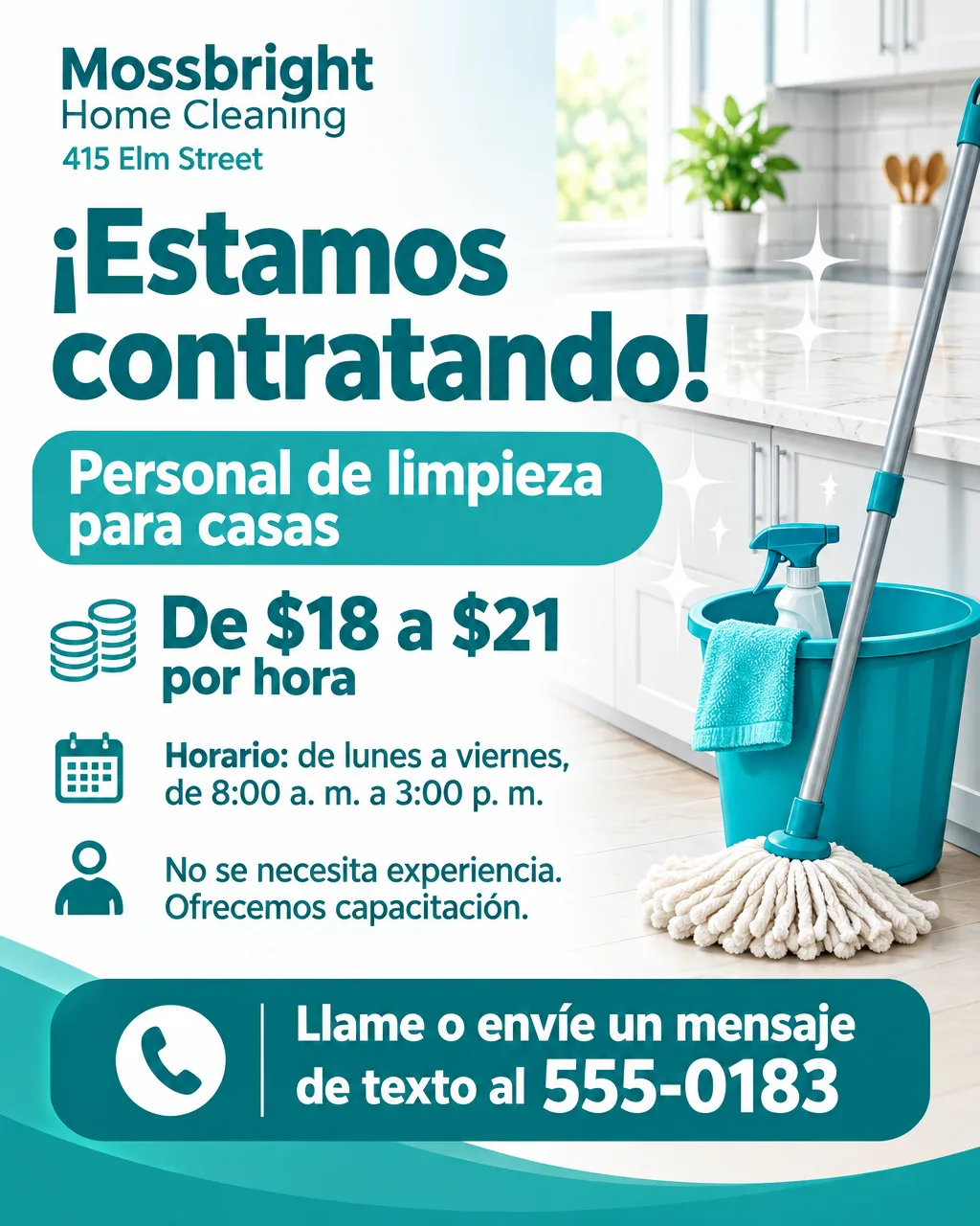 Spanish cleaning company hiring flyer reading Estamos contratando, with a mop, a bucket and pay of $18 to $21 an hour