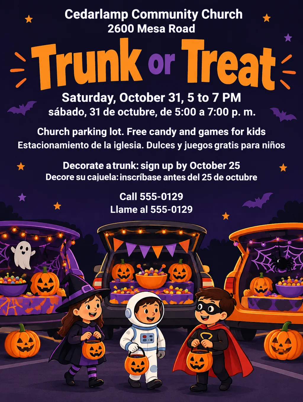 Bilingual trunk or treat flyer with decorated car trunks and pumpkins, each Spanish line under its English line
