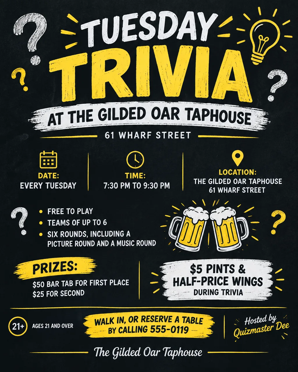 Chalkboard-style bar trivia flyer with question marks, a lightbulb and beer mugs, Tuesdays at 7:30 PM, teams of up to 6