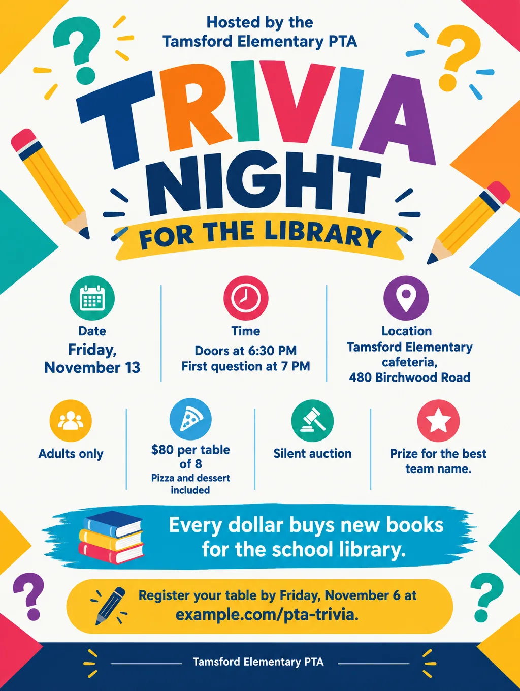 Bright PTA fundraiser trivia night flyer with geometric shapes, Friday, November 13, $80 per table of 8, pizza included