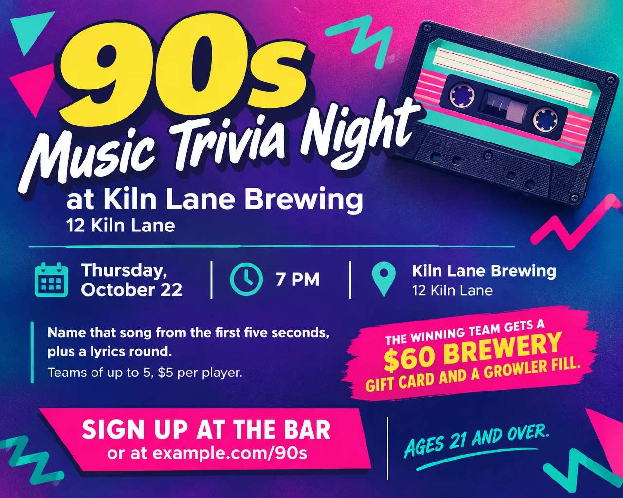 Wide 90s music trivia flyer with purple and teal color blends and a cassette tape, Thursday, October 22, 7 PM
