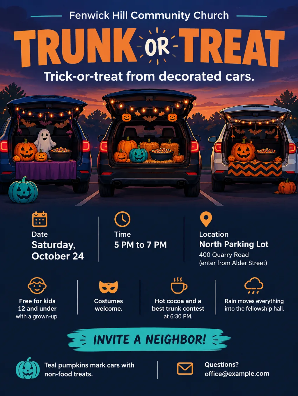 Church trunk or treat flyer with open car trunks, pumpkins, bats and string lights at dusk, Saturday, October 24, 5 to 7 PM