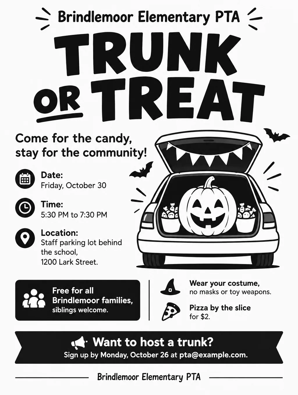 Black and white PTA trunk or treat flyer with a cartoon pumpkin in a car trunk, Friday, October 30, 5:30 to 7:30 PM