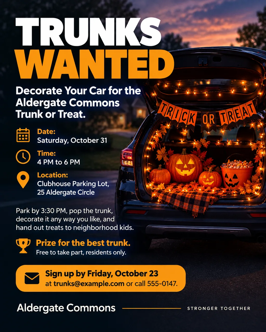Bold dark flyer asking neighbors to decorate a trunk, with a photo of a lit car trunk and a Friday, October 23 sign-up date