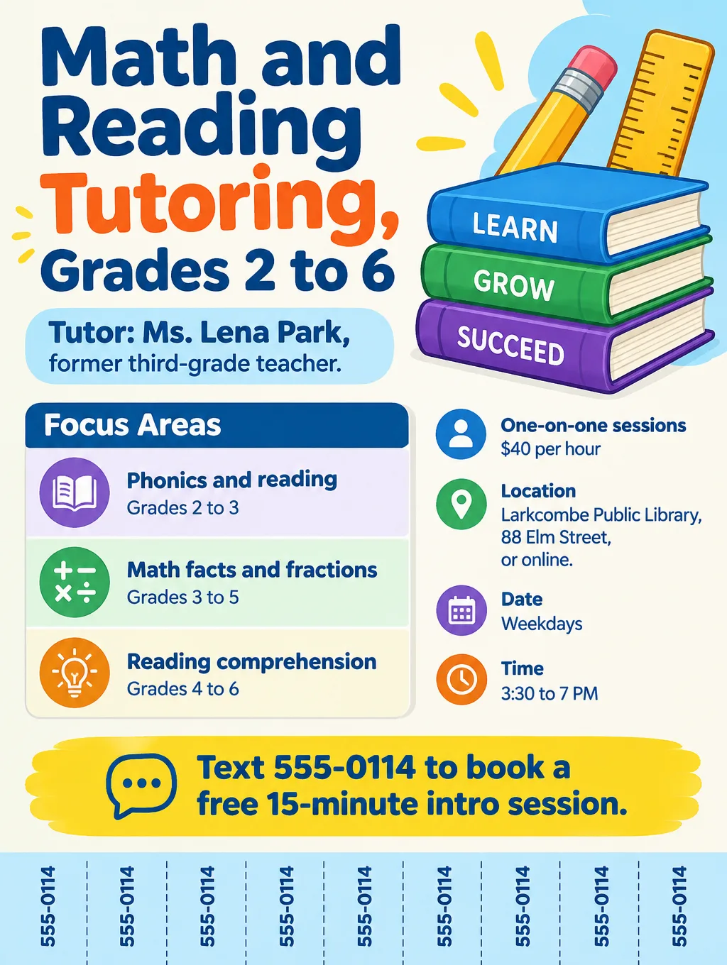 Tutoring flyer for grades 2 to 6 with a three-row subject grid, a pencil and books, and phone number tear-off tabs