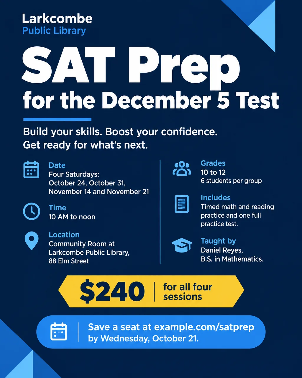 SAT prep class flyer in navy with geometric shapes, four Saturday sessions for $240, sign up at example.com