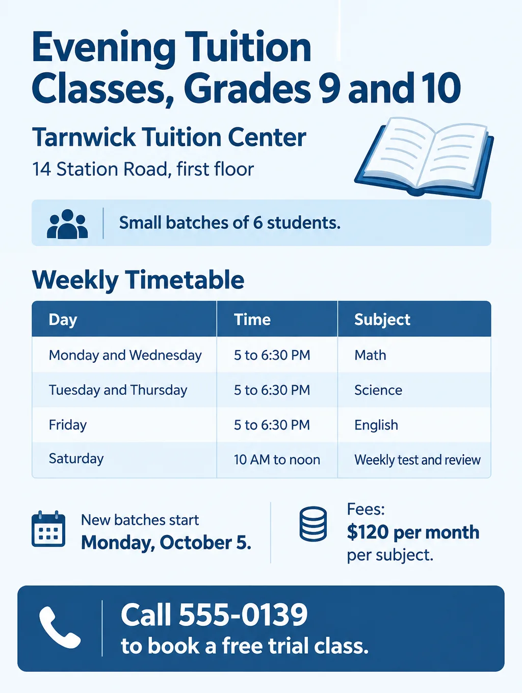 Tuition classes flyer with a weekly timetable for grades 9 and 10 in math, science and English