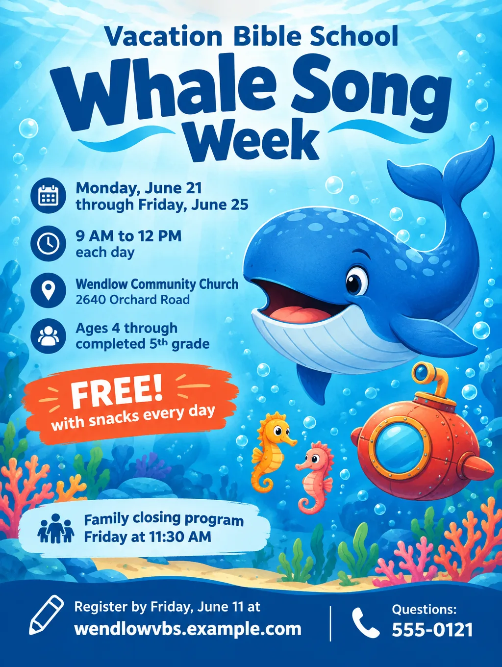 Whale Song Week VBS flyer with a cartoon whale, a red submarine and seahorses, June 21 to 25, 9 AM to 12 PM, free