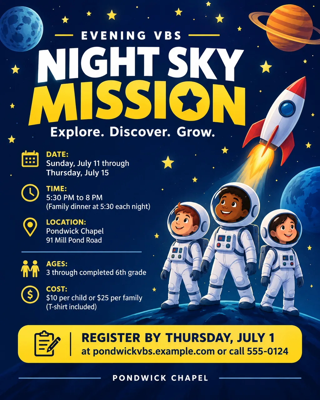 Evening VBS flyer called Night Sky Mission with a rocket, planets and kids in space suits on navy, July 11 to 15, dinner included