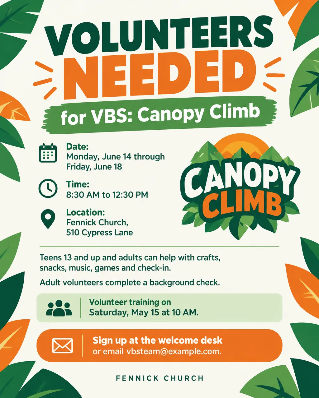 Volunteers Needed for VBS flyer with green and orange geometric leaves, Canopy Climb, June 14 to 18, training May 15