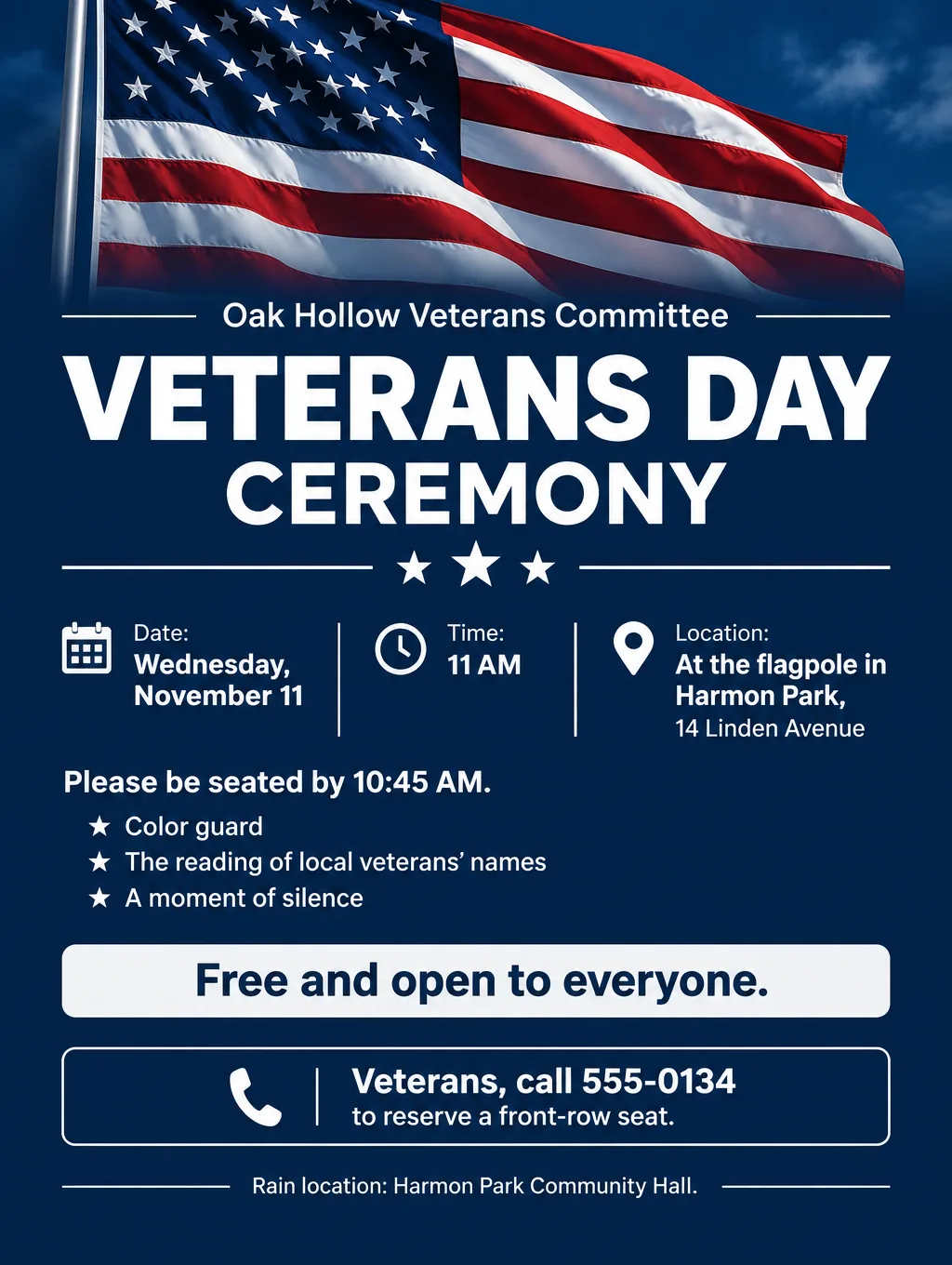 Veterans Day ceremony flyer in navy and white with a waving flag, the date Wednesday, November 11 and the time 11 AM