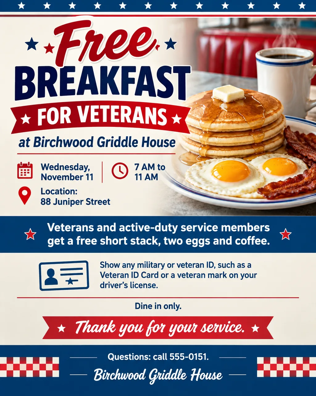 Retro diner flyer offering veterans a free breakfast on November 11, with a pancake photo and red, white and blue type
