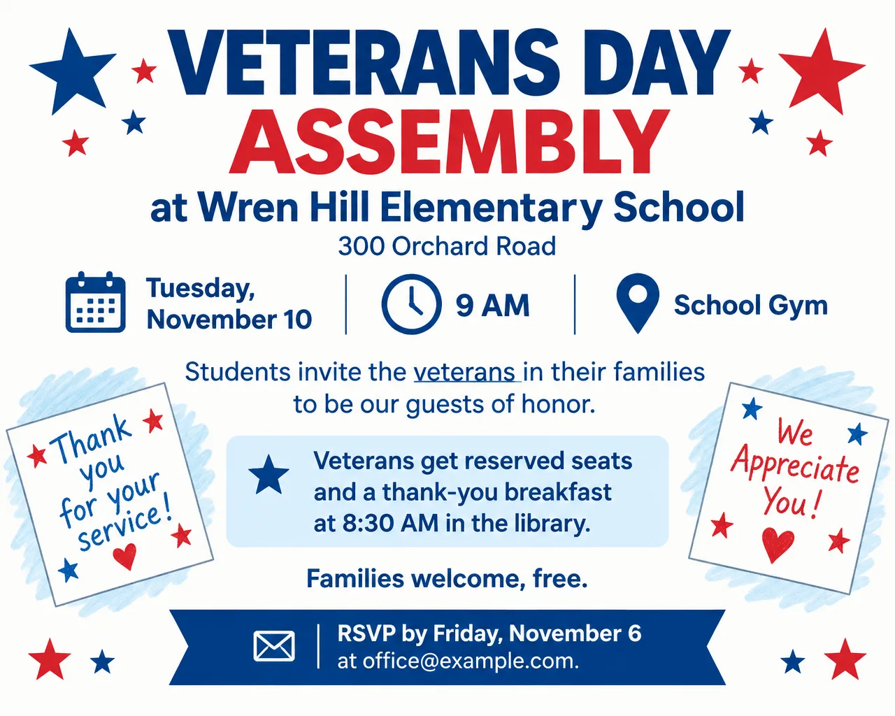 Wide school flyer inviting veterans to a Veterans Day assembly on Tuesday, November 10, with red and blue stars and thank-you notes