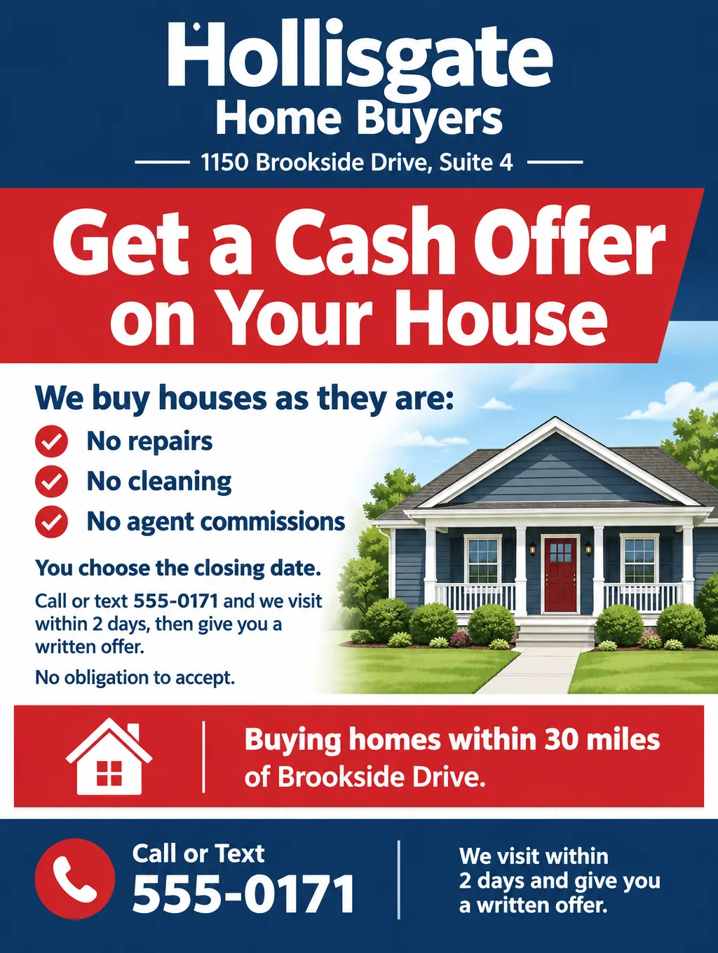 We buy houses flyer in red, white and navy with an illustrated one-story house, Get a Cash Offer on Your House