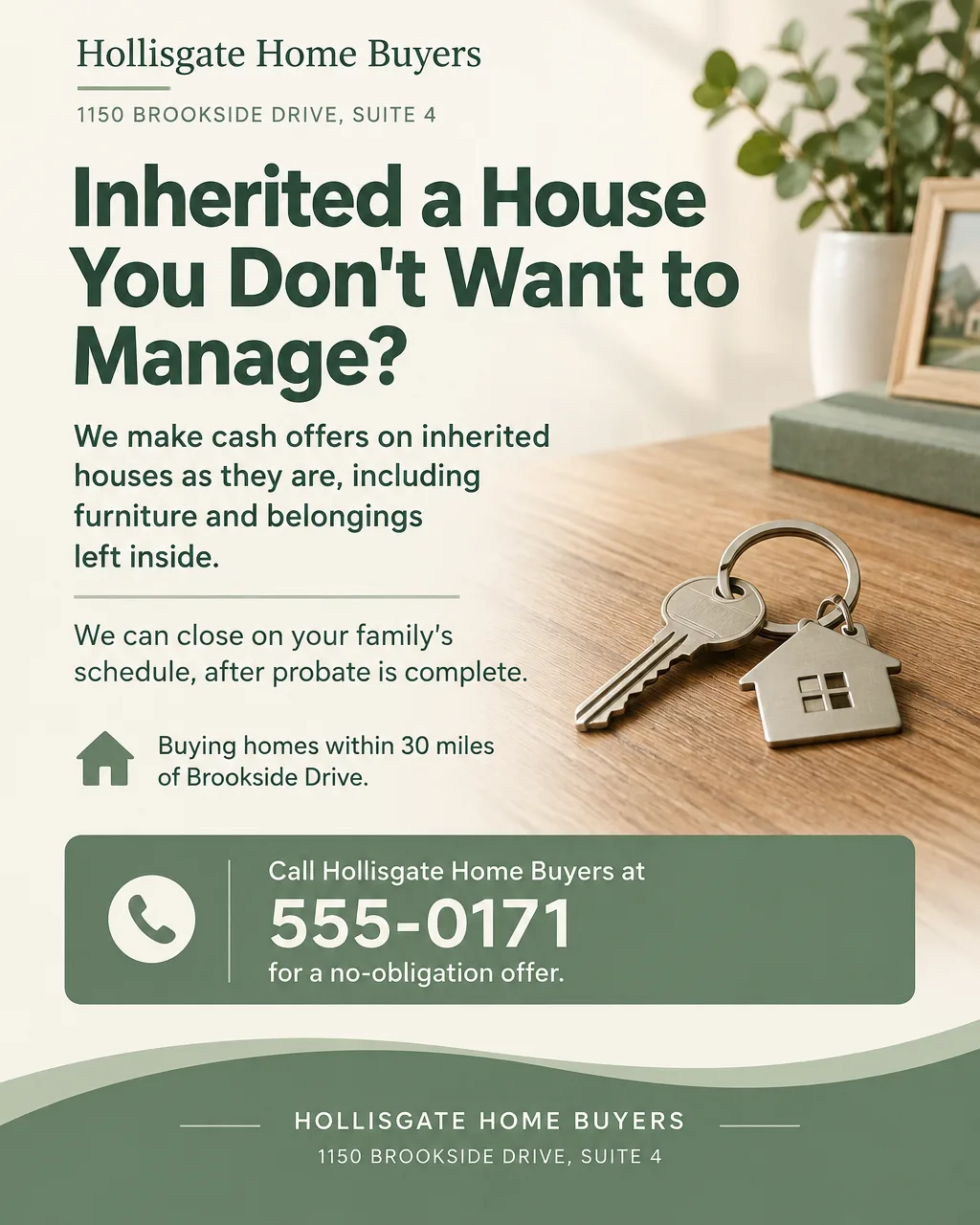 Calm sage green and cream flyer about selling an inherited house as-is, with a house key on a wooden table