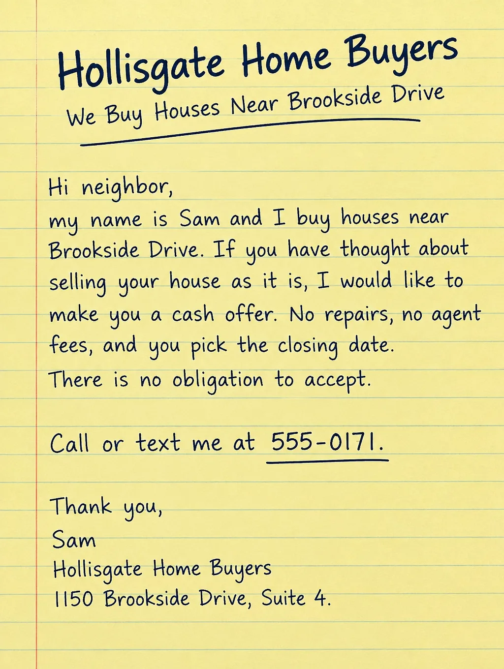 Yellow letter style flyer with a handwritten-look note on yellow lined paper offering a cash offer, signed Sam