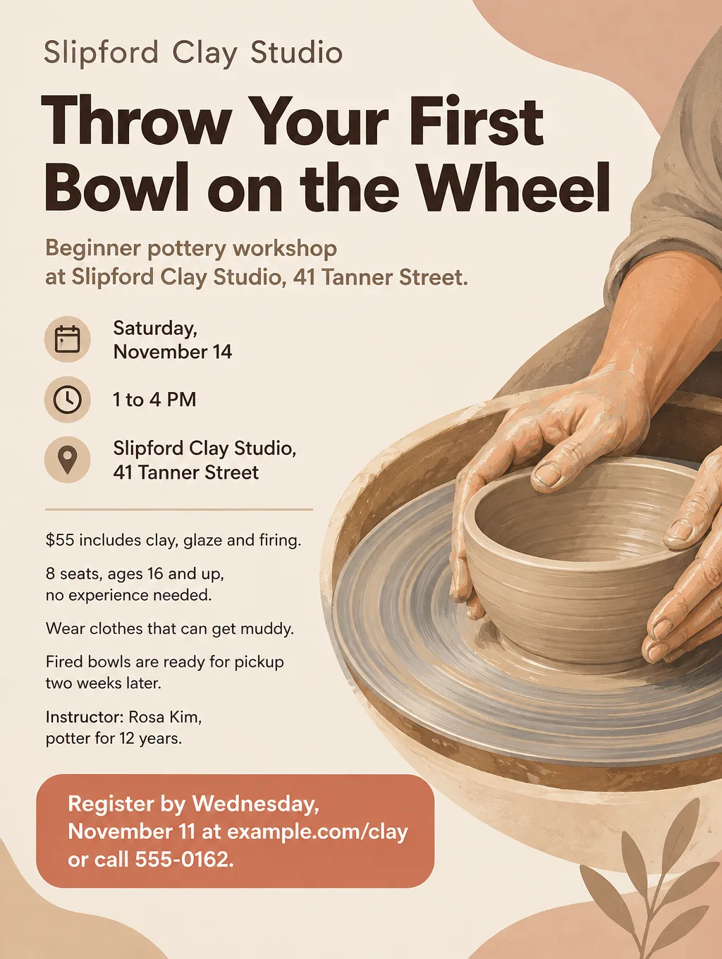 Pottery workshop flyer with an illustrated clay bowl on a wheel, Saturday, November 14, 1 to 4 PM, $55, 8 seats