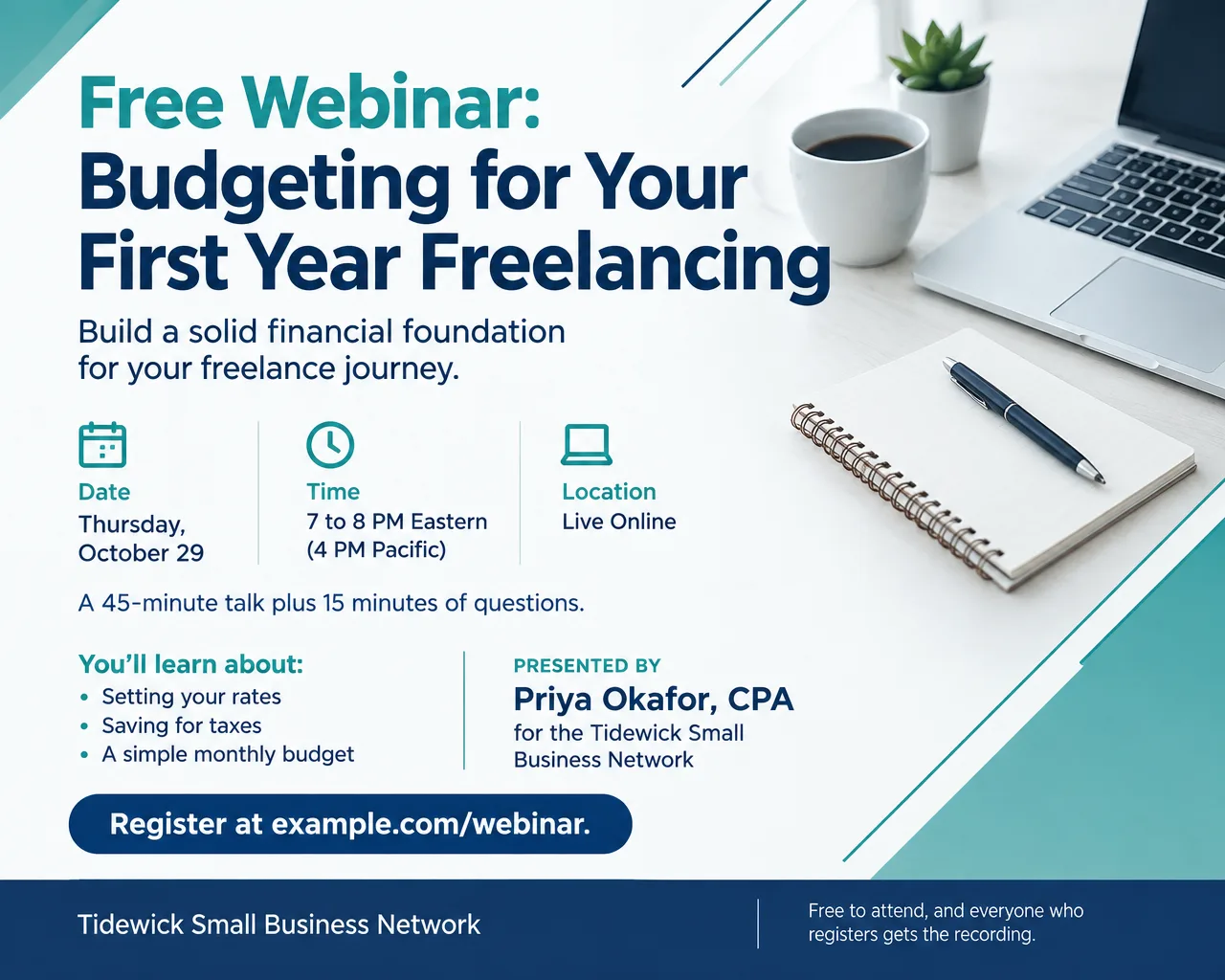 Wide webinar flyer in navy and white, Budgeting for Your First Year Freelancing, Thursday, October 29, 7 PM Eastern