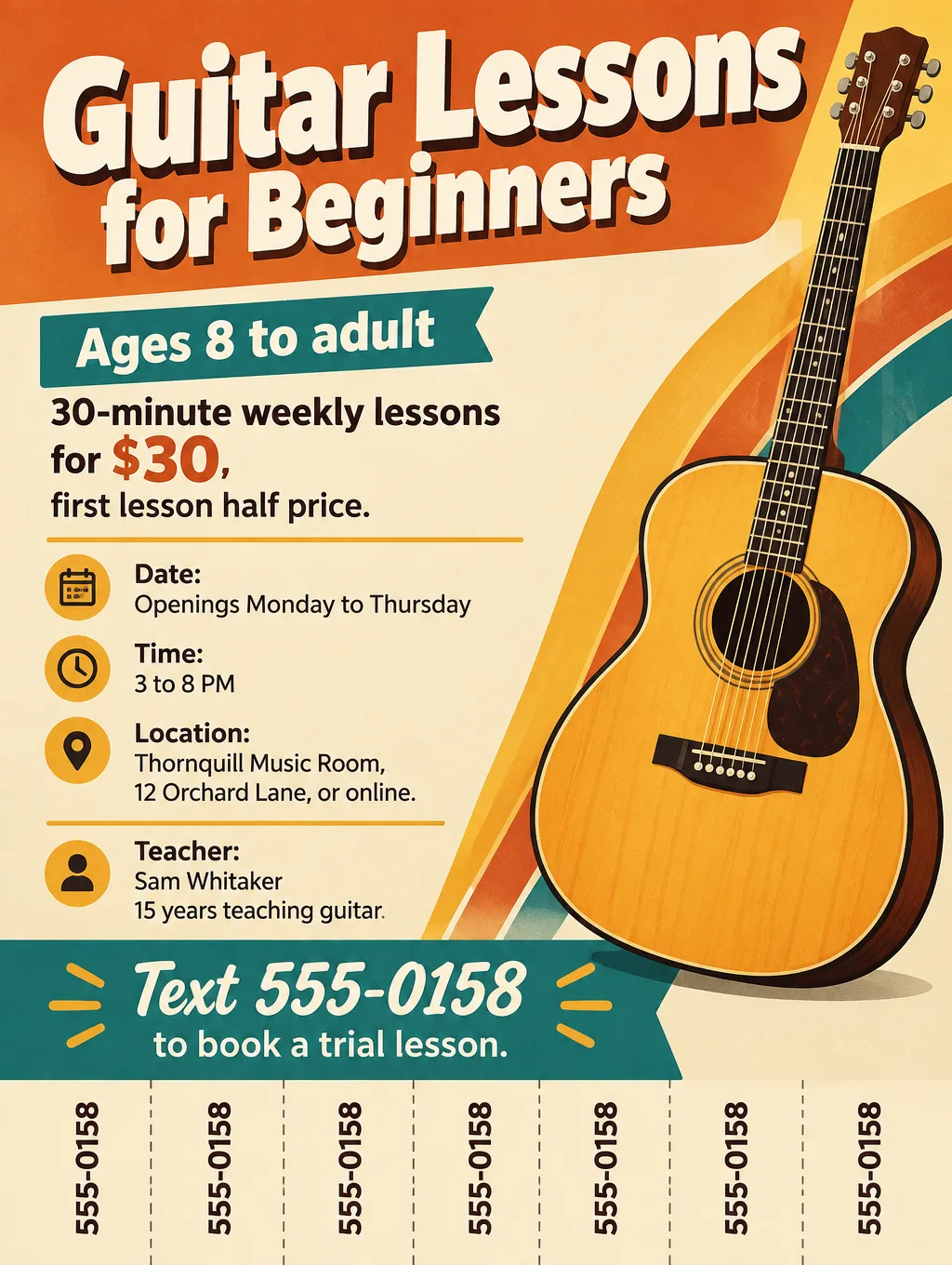 Guitar lessons flyer with an illustrated acoustic guitar, $30 for 30 minutes, and tear-off tabs with a phone number