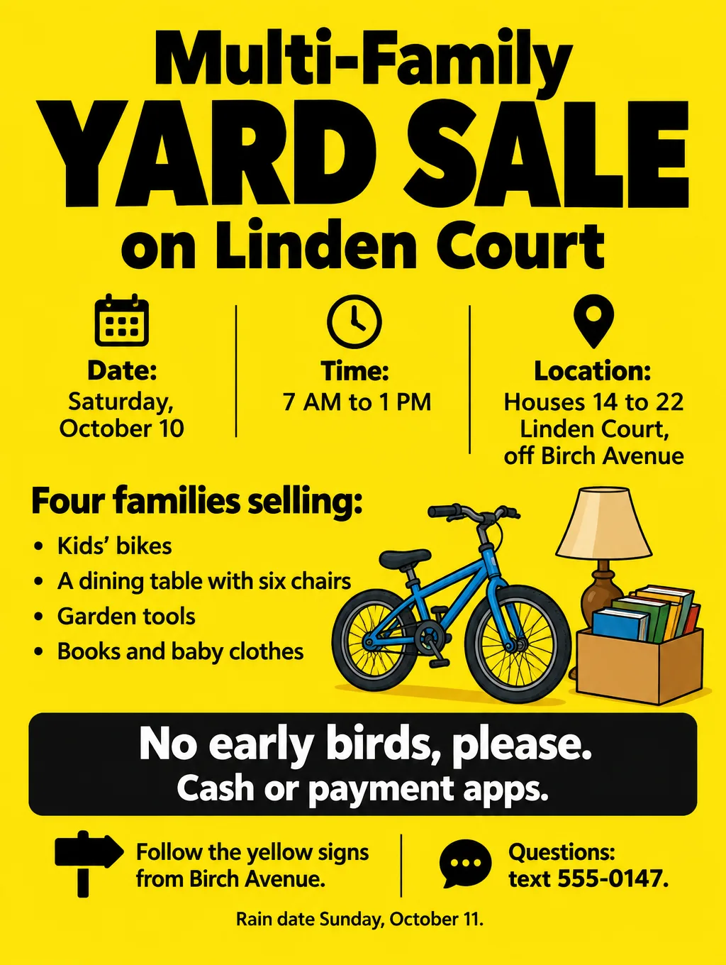 Bright yellow multi-family yard sale flyer for Linden Court with a list of items and the date Saturday, October 10