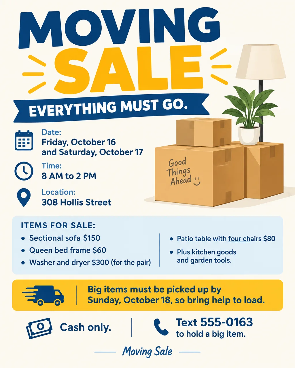 Moving sale flyer with a list of priced furniture, the address 308 Hollis Street and a pickup deadline