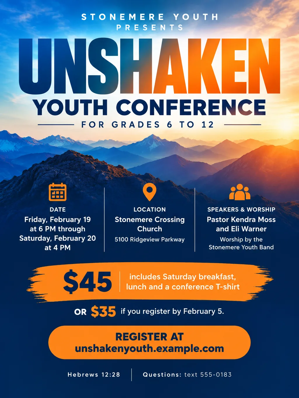 Unshaken youth conference flyer over a blue and orange mountain sunrise, grades 6 to 12, February 19 and 20