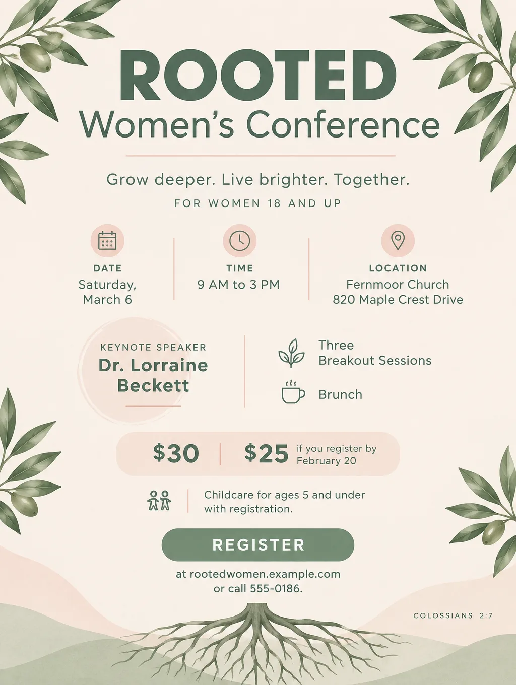 Rooted women's conference flyer in sage green and blush with olive branches, Saturday, March 6, 9 AM to 3 PM, $30