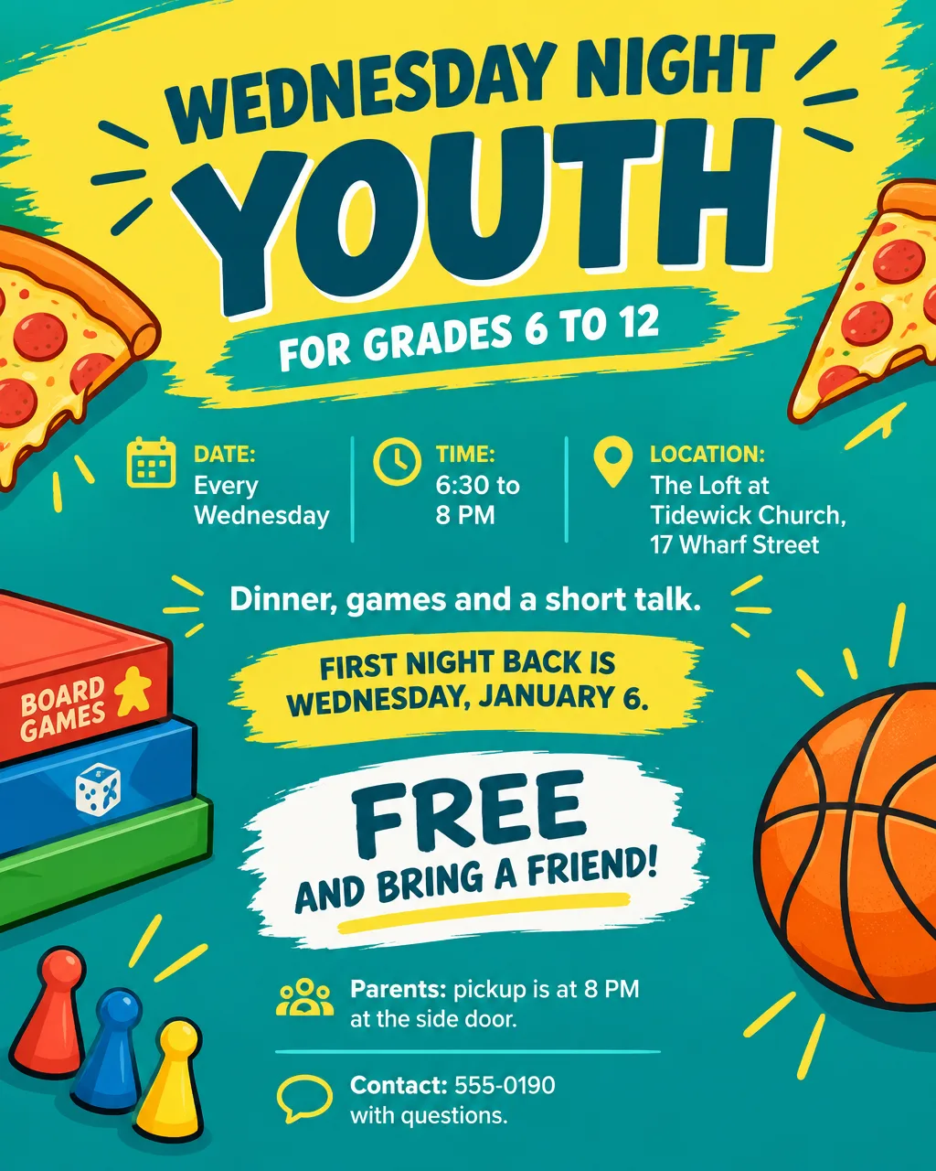 Wednesday Night Youth flyer with pizza, board games and a basketball in yellow and teal, grades 6 to 12, 6:30 to 8 PM